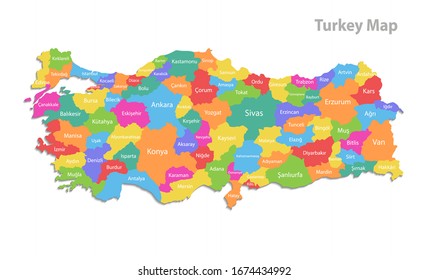 Turkey map, administrative division, separate individual regions with names, color map isolated on white background vector