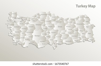 Turkey map, administrative division, separates regions and names, card paper 3D natural vector