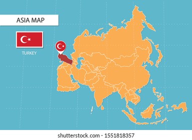 Turkey map in Asia, icons showing Turkey location and flags.