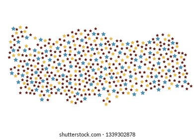 Turkey map background with blue, yellow and red stars of different sizes vector illustration eps
