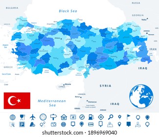 Turkey map blue colors and and navigation icons. Image contains layers with map contours, land names, city names map icons - Highly detailed vector illustration.