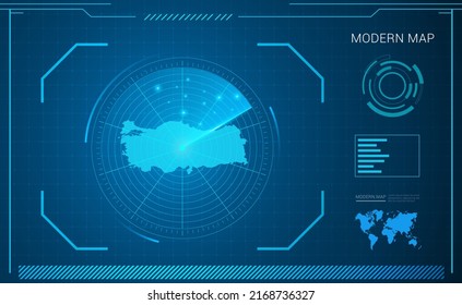 Turkey map of blue digital frame technology radar vector HUD, GUI, UI interface.