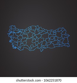 Turkey map: blue glitter outline with sparkling stars on dark background, map-Turkey.