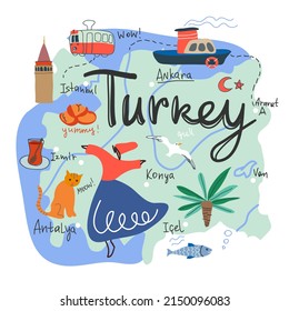 Turkey map cartoon illustration. Hand drawn travel website main page template or brochure for tourist, souvenir, magnet, high quality for print image.