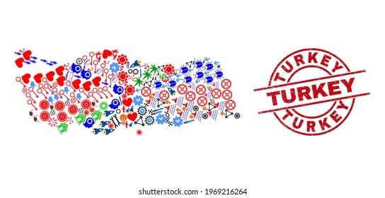 Turkey map collage and grunge Turkey red circle stamp seal. Turkey stamp uses vector lines and arcs. Turkey map collage contains gears, houses, wrenches, suns, men, and more icons.