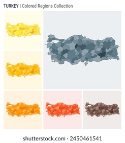 Turkey map collection. Country shape with colored regions. Blue Grey, Yellow, Amber, Orange, Deep Orange, Brown color palettes. Border of Turkey with provinces for your infographic.