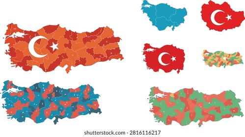 Turkey Map Collection with Regional Colors and National Flag for Geographic Representation