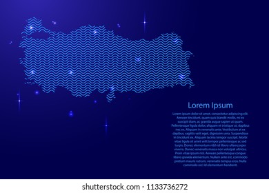 Turkey map country abstract silhouette from wavy blue space sinusoid lines and glowing stars. Contour state of creative luminescence curve. Vector illustration.