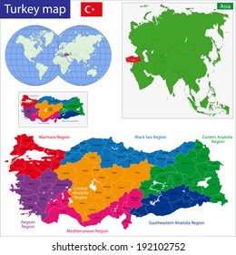 Turkey map designed in illustration with regions colored in bright colors