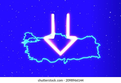 Türkei Karte und fallende Pfeil neon private Sammlung. Laden Sie die einzigartige super glühende Neonlandkarte herunter und laden Sie den Pfeil-Vektorgrafik herunter. Das lineare Neonsymbol eines Elements wird entworfen.