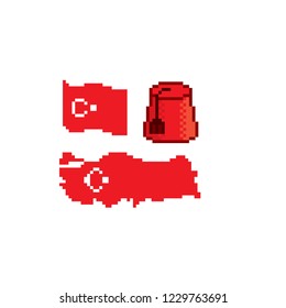 Turkey map, flag, hat. Pixel art. Old school computer graphic. 8 bit video game. Game assets 8-bit sprite.