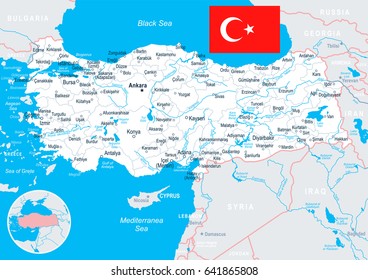 Turkey map and flag - highly detailed vector illustration