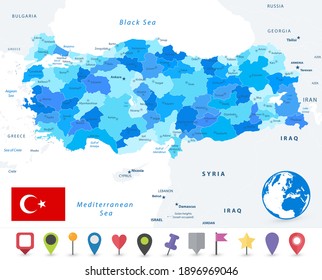 Turkey map and flag. Image contains layers with map contours, land names, city names map icons - Highly detailed vector illustration.