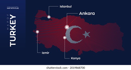 Turkey map with flag info graphic. Abstract vector map of Turkey with capital and major cities. Dots composition map on dark background.
