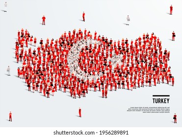 Turkey Map and Flag. A large group of people in Turkish flag color form to create the map. Vector Illustration.