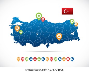 Mapa da Turquia com ícones de bandeira e navegação