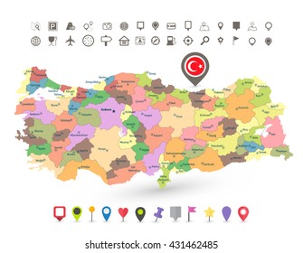 Turkey map with flag and navigation icons isolated on white.