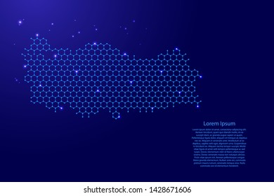 Turkey map from futuristic hexagonal shapes, lines, points  blue and glowing stars in nodes, form of honeycomb or molecular structure for banner, poster, greeting card. Vector illustration.