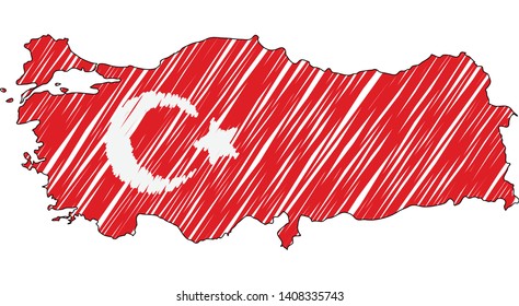 Turkey map hand drawn sketch. Vector concept illustration flag, childrens drawing, scribble map. Country map for infographic, brochures and presentations isolated on white background. Vector