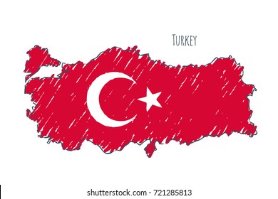 Turkey Map Hand Drawn Sketch. Vector Flag, Children's Drawing.