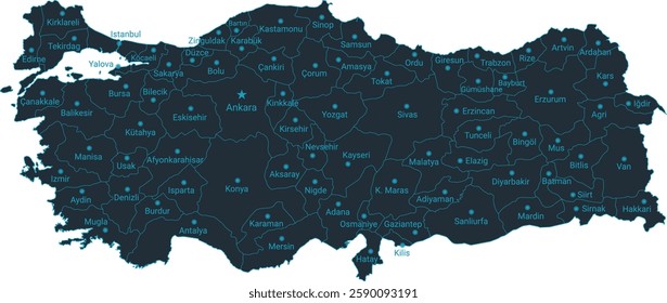 Türkiye or Turkey map high detailed with administrative divide by state, capital cities names, outline simplicity style. Vector illustration EPS10.