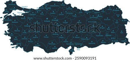 Türkiye or Turkey map high detailed with administrative divide by state, capital cities names, outline simplicity style. Vector illustration EPS10.