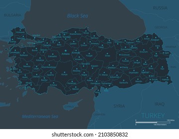Turkey map. High detailed map of Turkey with countries, borders, cities, water objects. Vector illustration eps10
