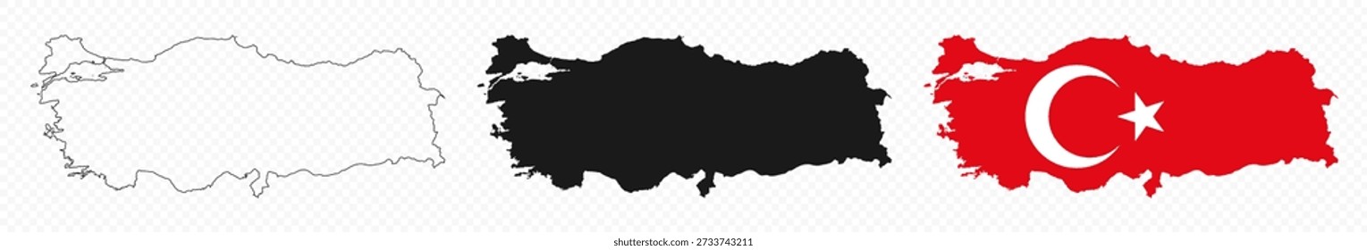 Conjunto de iconos de mapa de Turquía. Señales del mapa de Turquía - contorno, bandera nacional turca y sólida. Ilustración vectorial.