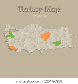 Turkey map with individual states separated, infographics with icons vector