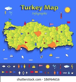 Turkey map infographic political map blue green card paper 3D vector individual states 