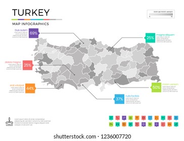  Turkey map infographics with editable separated layers, zones, elements and district area in vector