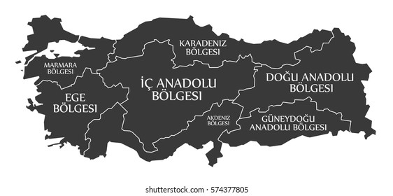 Turkey Map labelled black illustration in Turkish language
