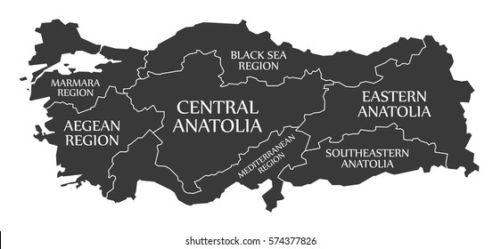 Turkey Map labelled black illustration in English language