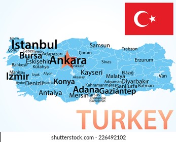 Turkey - map with largest cities, carefully scaled text by city population.