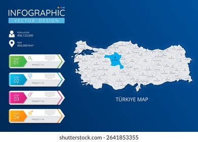 Türkiye or Turkey map with location pointer marks. High detailed country map with division, cities and capital infographic template. Vector illustration EPS10