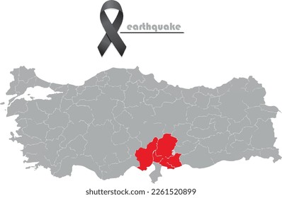 mapa de turquía sobre fondo blanco y ciudades sísmicas marcadas en rojo