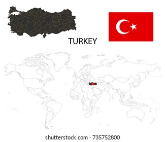 Turkey map on a world map with flag on white background.