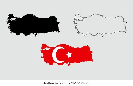 Turkey map in outline style, black color, color of country flag version.	