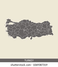 Turkey map outline vector illustration in gray background. Borders of all states or provinces or counties are included on this map.