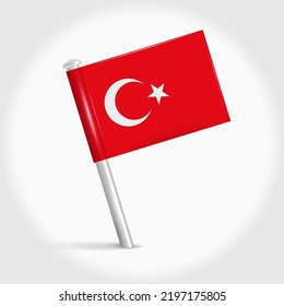 Turkey map pin flag icon. Turkish pennant map marker on a metal needle. 3D realistic vector illustration.