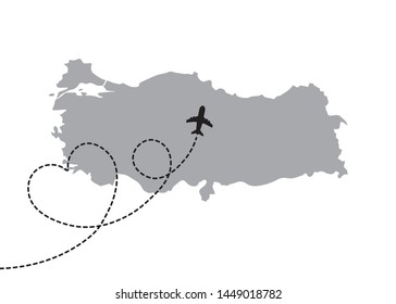 Turkey Map with a Plane Flying on a Heart Shaped Dotted Route