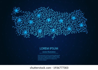 Mapa de Turquía desde el punto azul y estrellas brillantes en un fondo oscuro. Vector eps 10.