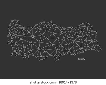 Turkey Map Point scales on black background. Wire frame polygonal network white line, dot and shadow dot.