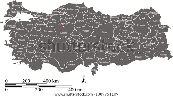 トルコの地図の州は マイルとキロのベクター画像の大まかな目盛りを示している トルコの地図と州名 のベクター画像素材 ロイヤリティフリー