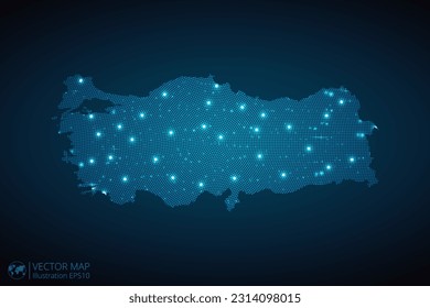 Turkey map radial dotted pattern in futuristic style, design blue circle glowing outline made of stars. concept of communication on dark blue background. Vector EPS10