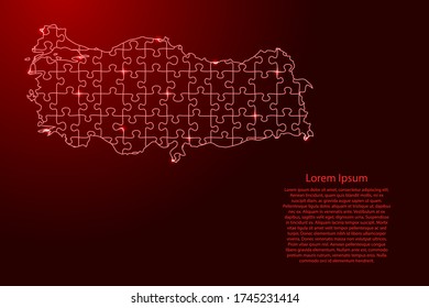Turkey map from red pattern composed puzzles and glowing space stars. Vector illustration.