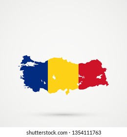 Turkey map in Romania flag colors, editable vector.