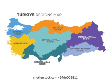 Turkey map with seven geographical regions, vector illustration