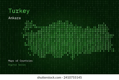 Turkey Map Shown in Binary Code Pattern. TSMC. Green Matrix numbers, zero, one. World Countries Vector Maps. Digital Series