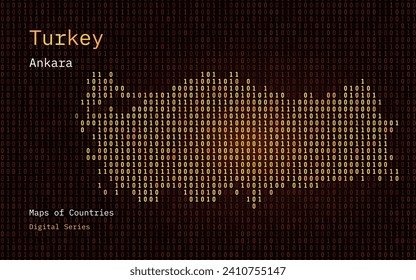 Turkey Map Shown in Binary Code Pattern. TSMC. Gold Matrix numbers, zero, one. World Countries Vector Maps. Digital Series